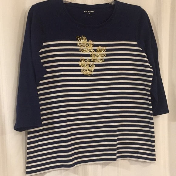 KIM ROGERS XL Navy White  Pit to Pit 22 1/4"  Cotton 3/4 length sleeves  Preworn - Picture 5 of 13